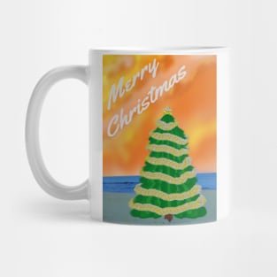 Tropical Merry Christmas. Decorated Tree on a Sandy Beach. Mug